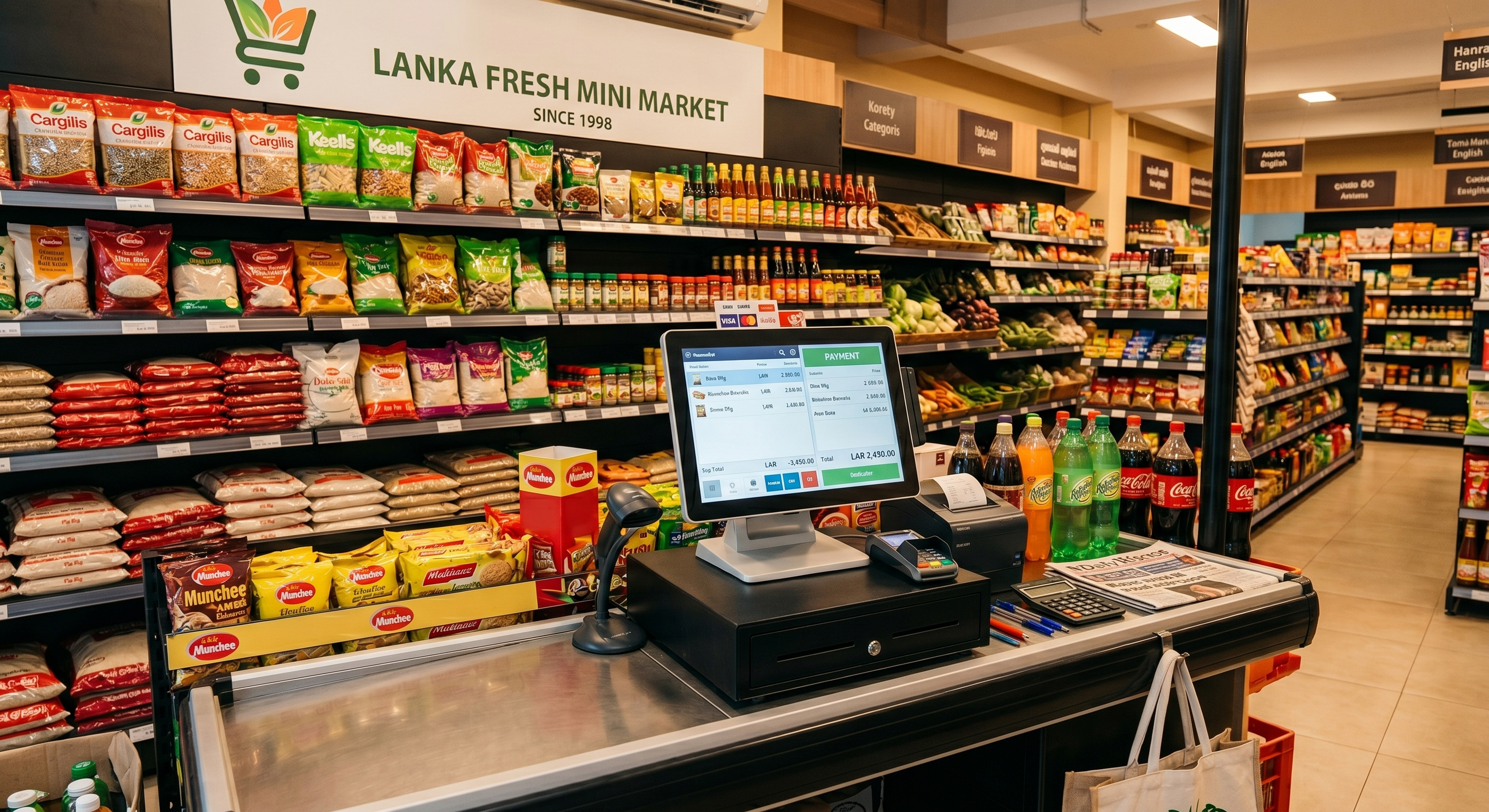 Invoicy POS interface inside a Sri Lankan grocery store.